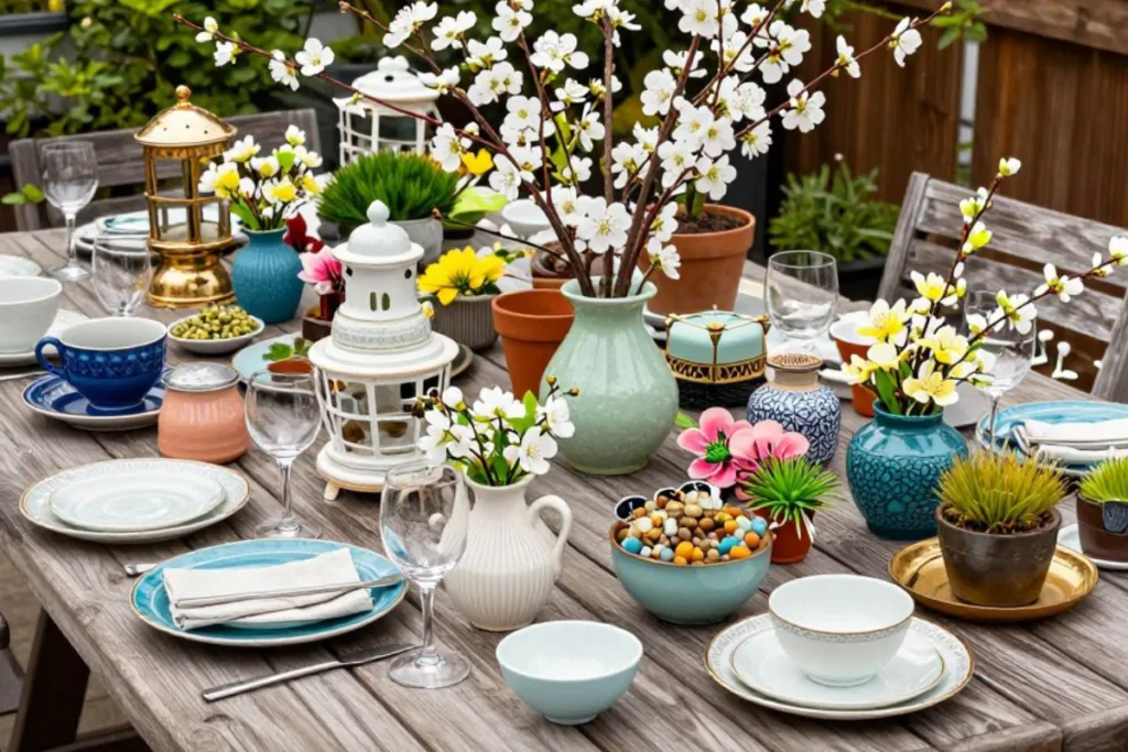 Überladener Terrassentisch mit zu vielen verschiedenen Dekoelementen