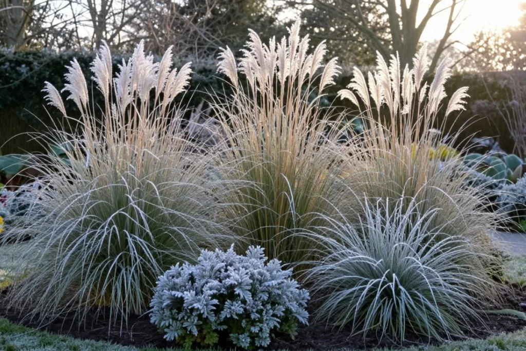 Ziergräser im Wintergarten mit Raureif und dekorativen Halmen im Abendlicht