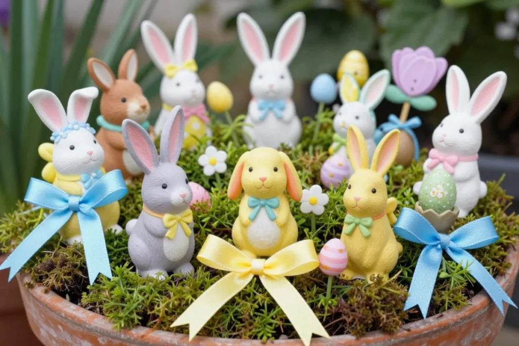 Osterdeko im Blumentopf: So wirkt er nicht überladen Osterdeko mit bunten Hasenfiguren, Schleifen und Ostereiern im bepflanzten Blumentopf im Garten
