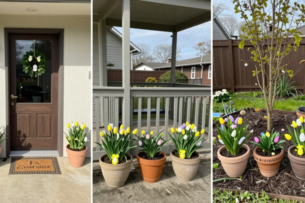 Osterdeko im Blumentopf: So wirkt er nicht überladen Osterdeko mit Tulpen in Töpfen am Hauseingang und im Gartenbeet dekoriert mit bunten Ostereiern