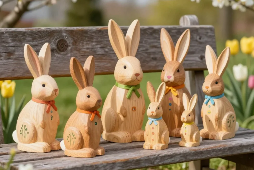 Osterdeko für die Gartenbank mit Holzhasen als natürliche Frühlingsidee