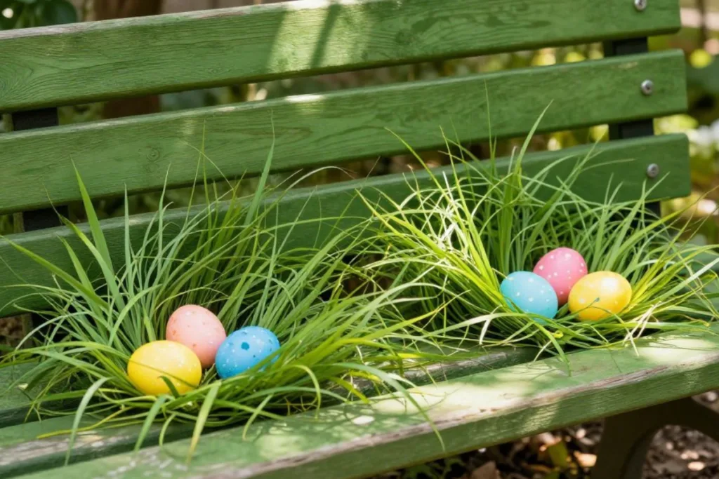 Osterdeko für die Gartenbank mit bunten Ostereiern im Ziergras
