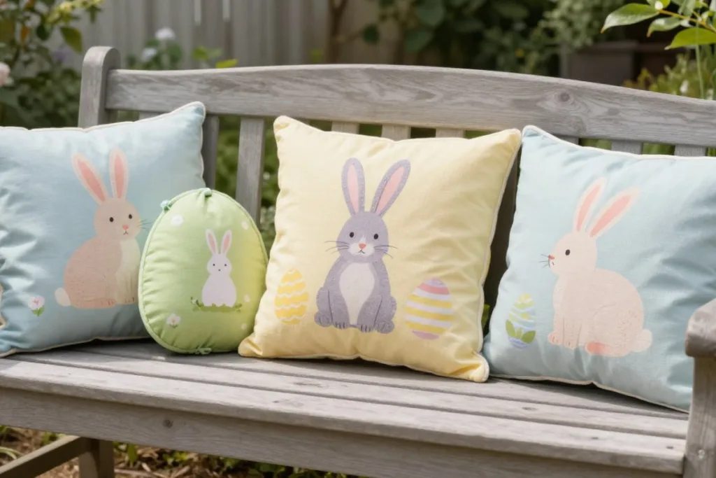 Osterdeko für die Gartenbank mit pastellfarbenen Kissen und Hasenmotiven