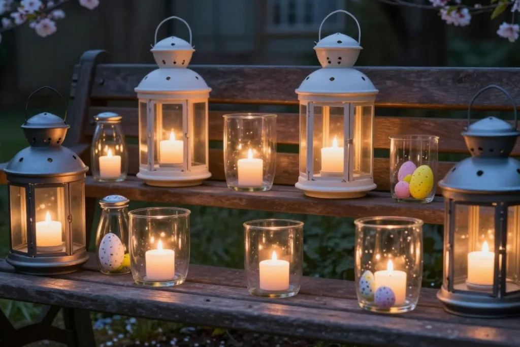Osterdeko für die Gartenbank mit Laternen und Kerzen am Abend