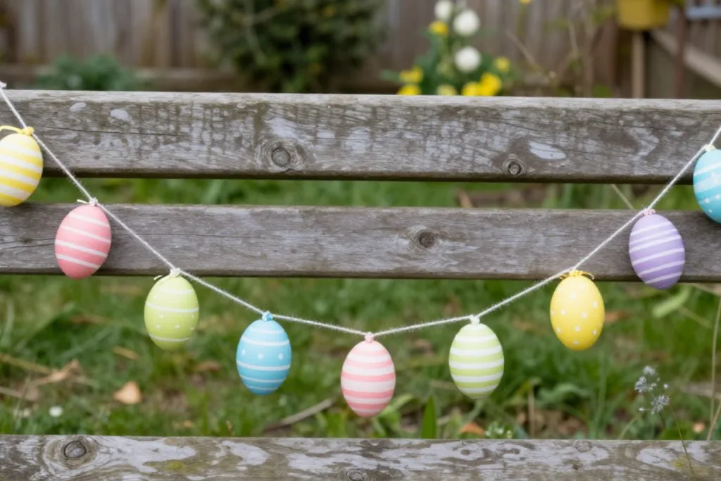 Osterdeko für die Gartenbank mit pastellfarbener Eiergirlande