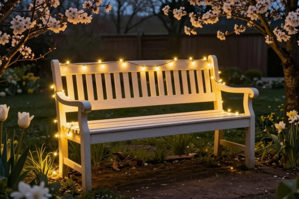 Osterdeko für die Gartenbank mit warmer Lichterkette im Frühlingsgarten