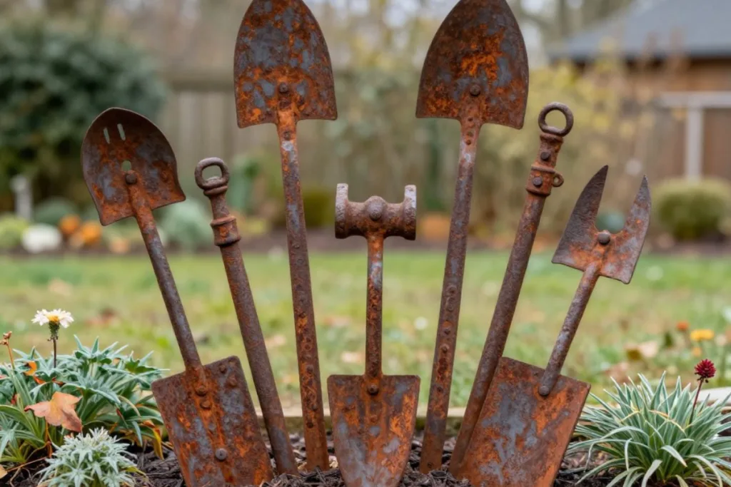 Garten im Februar Deko mit rostigen Metallobjekten als strukturgebende Wintergestaltung
