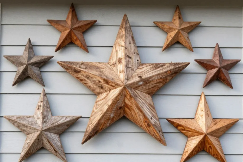 Garten im Februar Deko mit großen Holzsternen an heller Hauswand