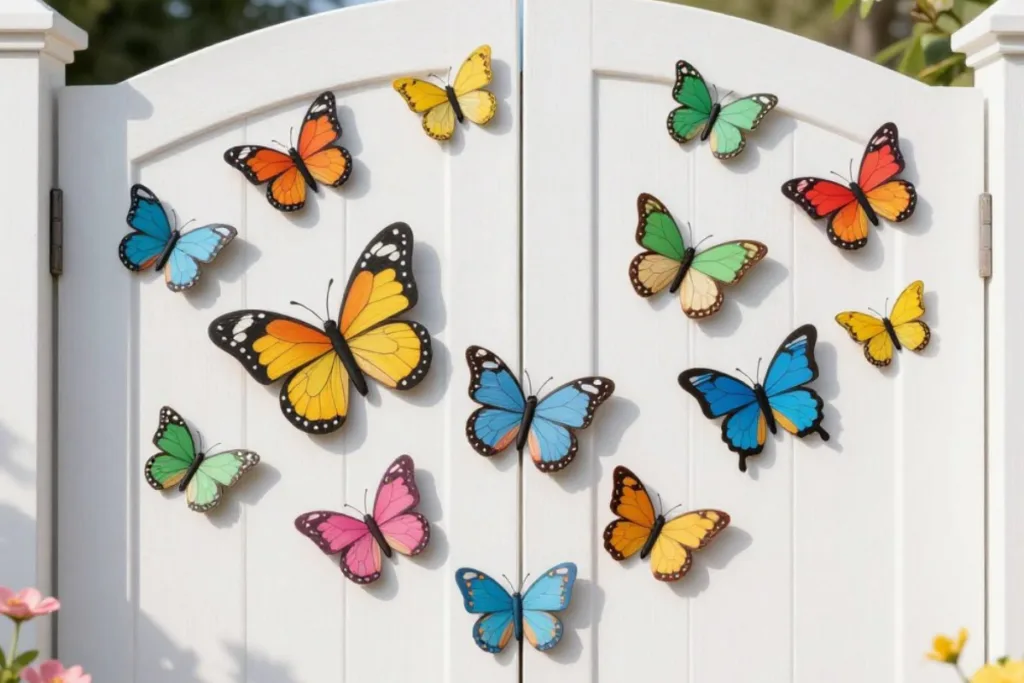 Osterdeko für das Gartentor: So wird dein Eingang zum Blickfang Osterdeko für das Gartentor mit bunten Schmetterlingen am Holztor im Frühling