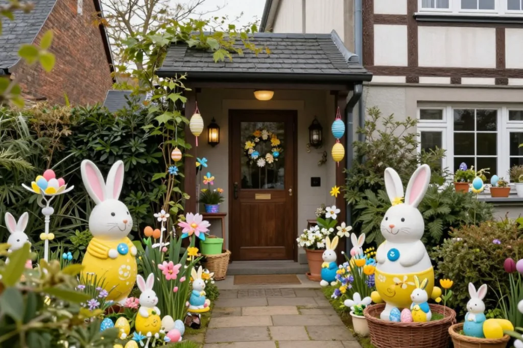 Osterdeko im Vorgarten, die wirklich zu Haus und Garten passt Osterdeko für den Vorgarten mit großen Hasenfiguren, Frühblühern und bunten Ostereiern am Hauseingang