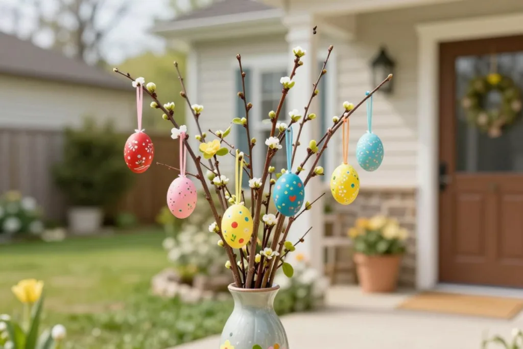 Osterdeko für draußen: 6 Ideen für Garten und Balkon Osterdeko draußen Idee mit bemalten Eiern an Zweigen im Eingangsbereich