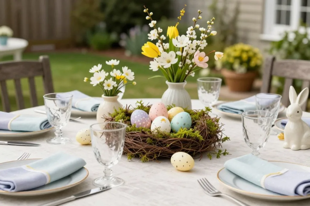 Osterdeko für draußen: 6 Ideen für Garten und Balkon Osterdeko draußen Ideen für Ostertafel im Garten mit Nest und Pastelleiern