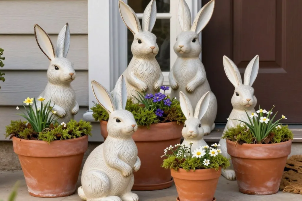 Osterdeko für draußen: 6 Ideen für Garten und Balkon Osterdeko draußen Idee mit Hasenfiguren und Frühblühern im Eingangsbereich