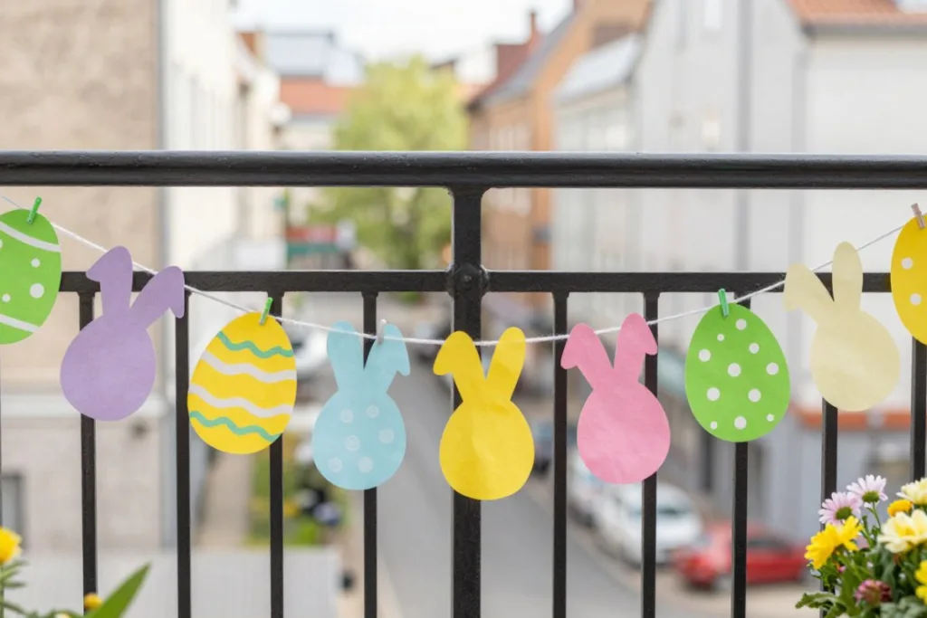 Osterdeko für draußen: 6 Ideen für Garten und Balkon Osterdeko draußen Idee mit bunter Girlande am Balkon Geländer
