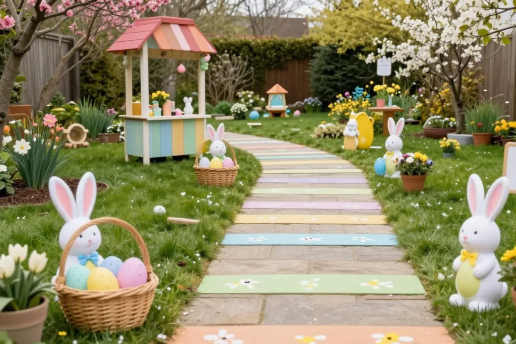 Osterdeko für draußen: 6 Ideen für Garten und Balkon Osterdeko draußen Idee mit Hasenfiguren und Eiern entlang Gartenweg