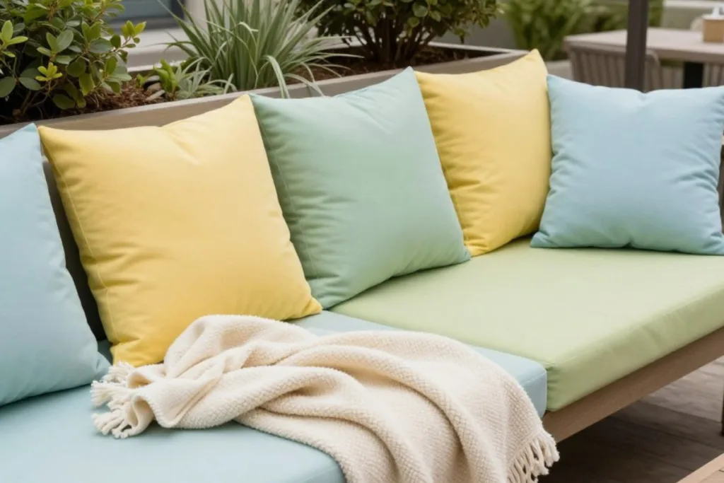 Terrasse im März clever und gemütlich dekorieren Pastellfarbene Kissen als Deko für die Terrasse im März