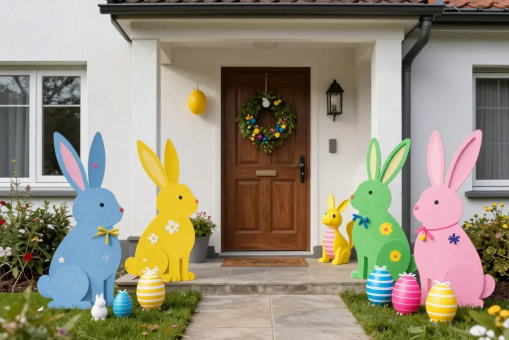 Osterdeko im Vorgarten, die wirklich zu Haus und Garten passt Osterdeko für den Vorgarten mit großen bunten Hasenfiguren und Ostereiern am Hauseingang
