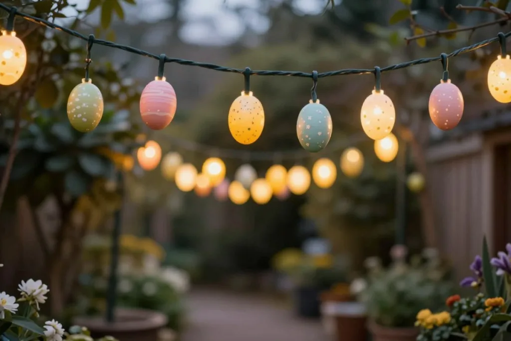 Osterdeko für schmale Gärten mit Lichterkette und Ostereiern im langen Gartenweg