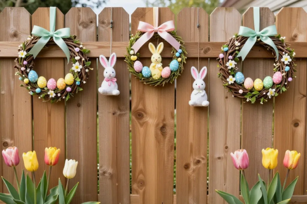 Osterdeko für schmale Gärten mit Osterkränzen und Hasen am Holzzaun