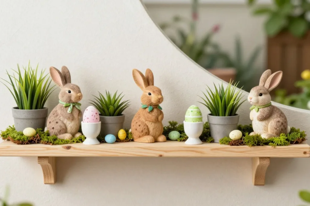 Osterdeko für schmale Gärten mit Hasenfiguren und Moos auf schmalem Wandregal