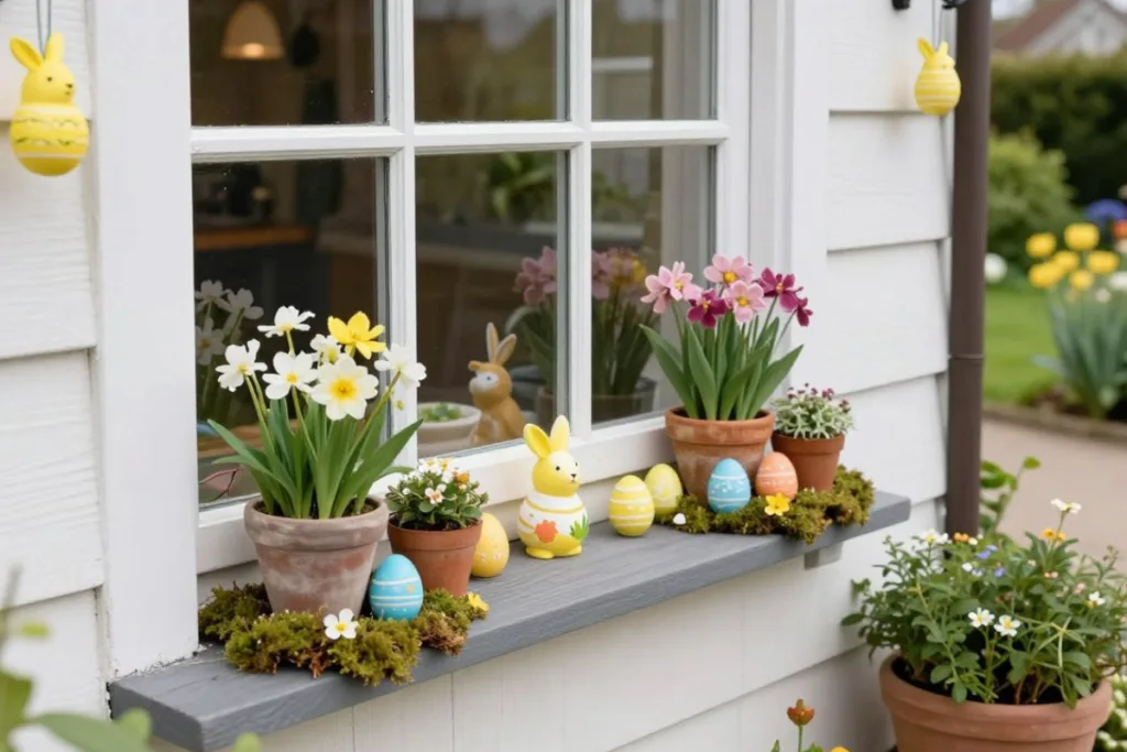 Osterdeko für schmale Gärten auf Fensterbank mit Töpfen und Ostereiern