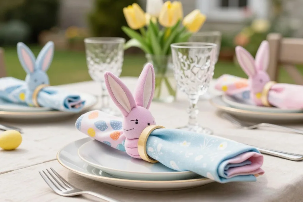 Osterbrunch geplant? 5 Osterdeko-Ideen für deinen Gartentisch Osterdeko Gartentisch Idee mit Stoffservietten und Hasen-Serviettenringen