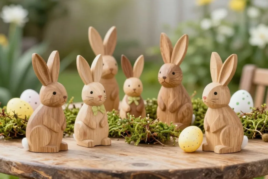 Osterbrunch geplant? 5 Osterdeko-Ideen für deinen Gartentisch Osterdeko für den Gartentisch mit Holzhasen als natürliche Idee für draußen