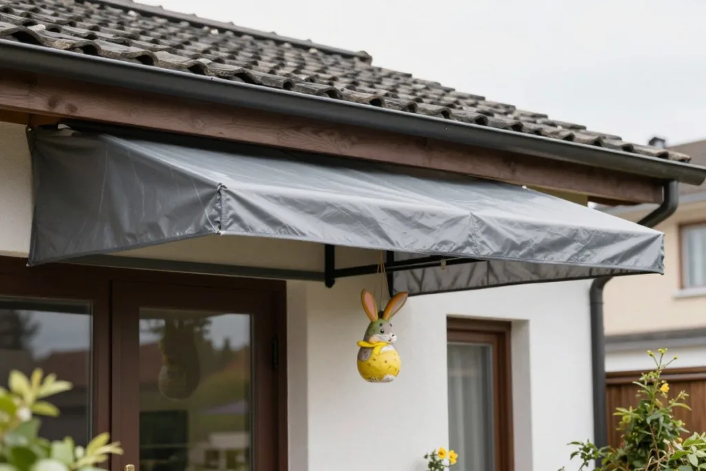 Osterdeko im Vorgarten, die wirklich zu Haus und Garten passt Osterdeko im Vorgarten unter Dachüberstand mit hängendem Osterhasen am Hauseingang geschützt vor Regen und Wind