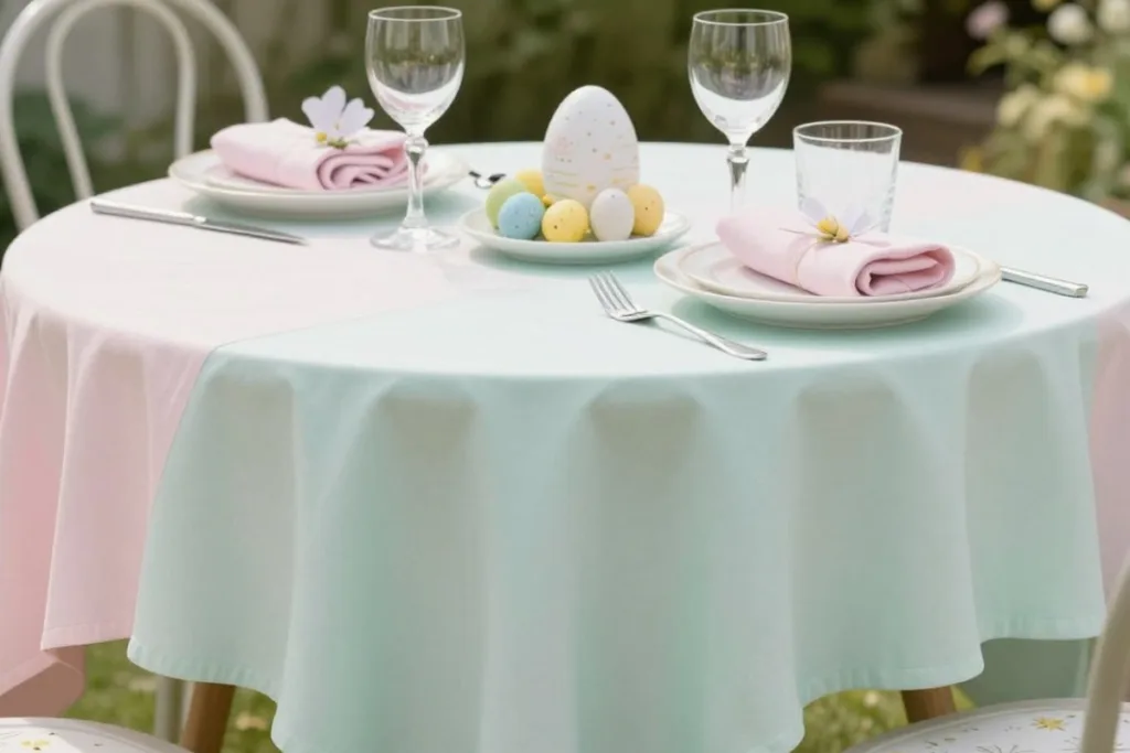 Osterbrunch geplant? 5 Osterdeko-Ideen für deinen Gartentisch Zweifarbige Tischdecke als Osterdeko Idee für den Gartentisch im Frühling