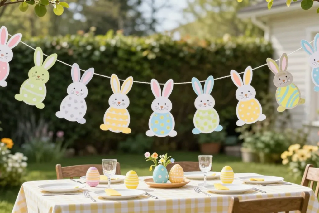 Osterbrunch geplant? 5 Osterdeko-Ideen für deinen Gartentisch Osterdeko Gartentisch mit Hasen-Girlande als fröhliche Frühlingsidee draußen