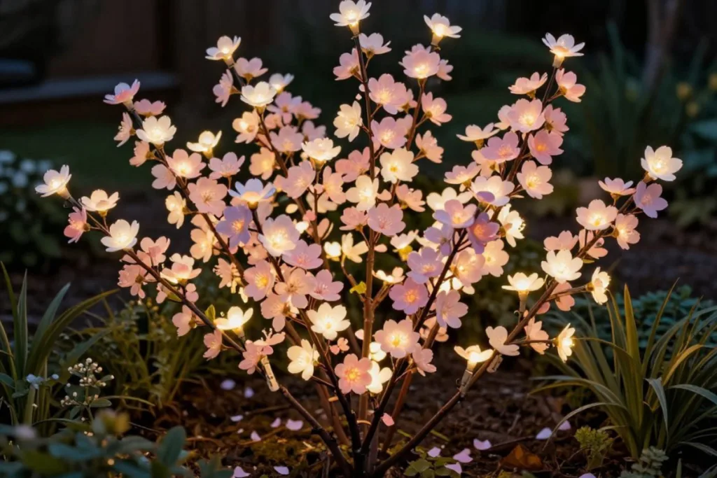 Osterbeleuchtung im Garten mit warmweiß leuchtendem Blütenstrauch im Beet