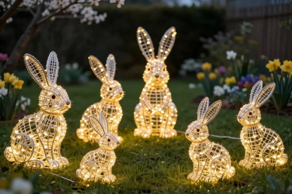 Osterbeleuchtung im Garten mit beleuchteten Hasenfiguren auf Rasenfläche