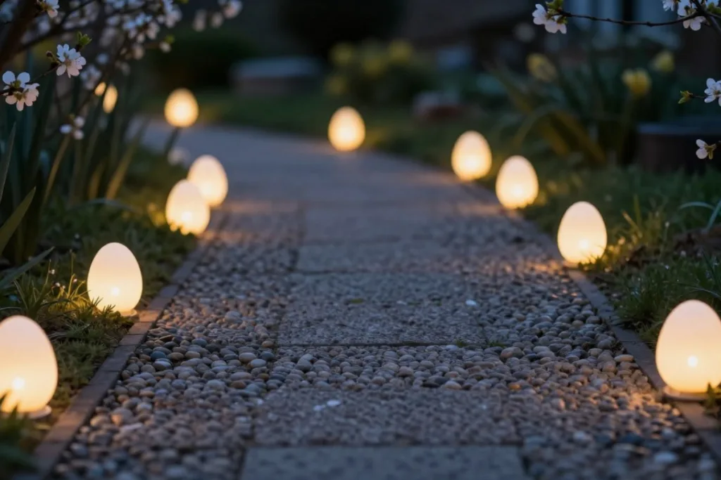 Osterbeleuchtung im Garten mit leuchtenden Ostereiern entlang eines Kieswegs