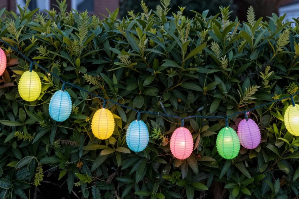 Osterbeleuchtung im Garten mit farbigen Leuchteiern an Hecke befestigt