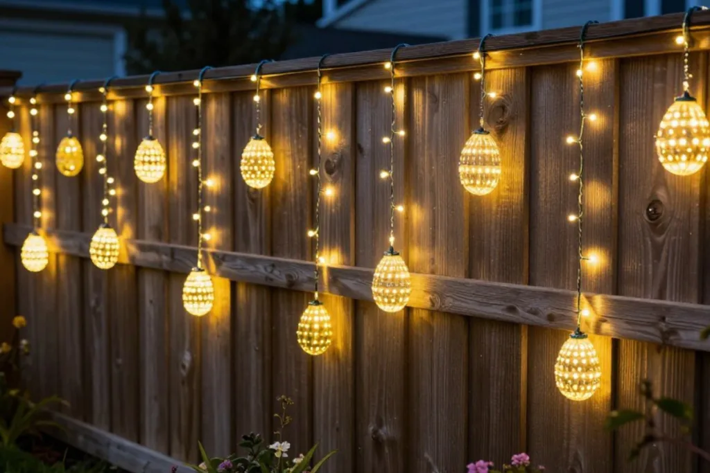 Osterbeleuchtung im Garten mit leuchtenden Eiern entlang eines Holzzauns
