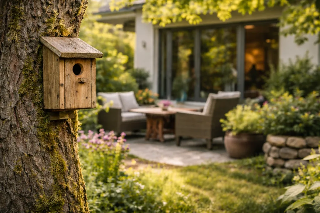 Nistkasten-Checkup: Warum deine Kästen (vielleicht) leer bleiben Nistkasten im Garten nahe Terrasse, möglicher Störfaktor durch Nähe zum Haus