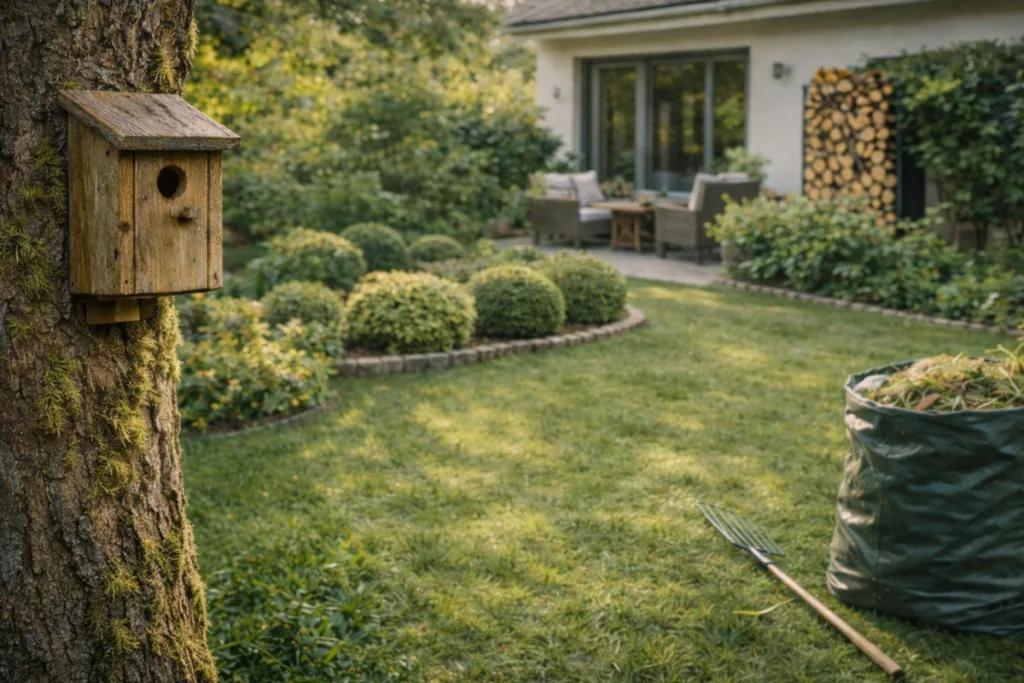 Nistkasten-Checkup: Warum deine Kästen (vielleicht) leer bleiben Sehr gepflegter Garten mit Nistkasten, wenig Pflanzenstruktur für Vögel