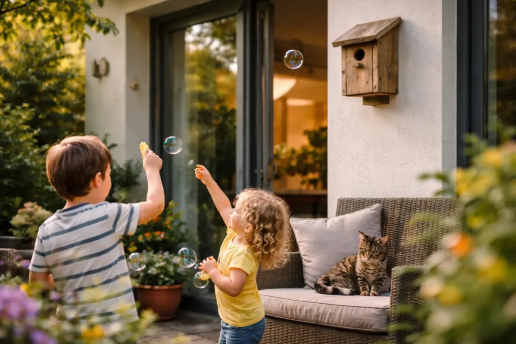 Nistkasten-Checkup: Warum deine Kästen (vielleicht) leer bleiben Nistkasten direkt an Hauswand im Garten mit Terrasse und Nähe zum Wohnbereich