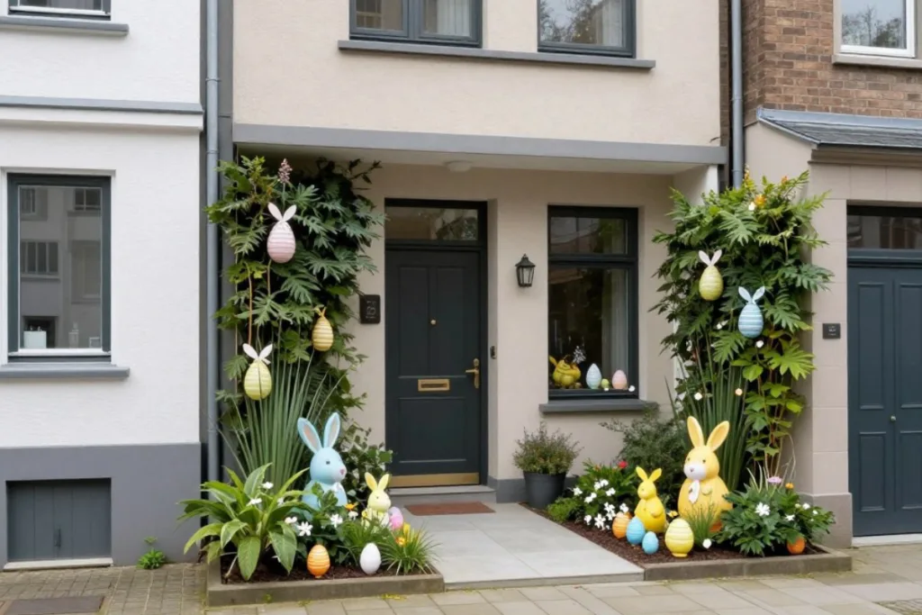 Osterdeko im Vorgarten, die wirklich zu Haus und Garten passt Osterdeko im modernen Vorgarten mit Hasenfiguren, bepflanzten Beeten und hängenden Ostereiern am Hauseingang