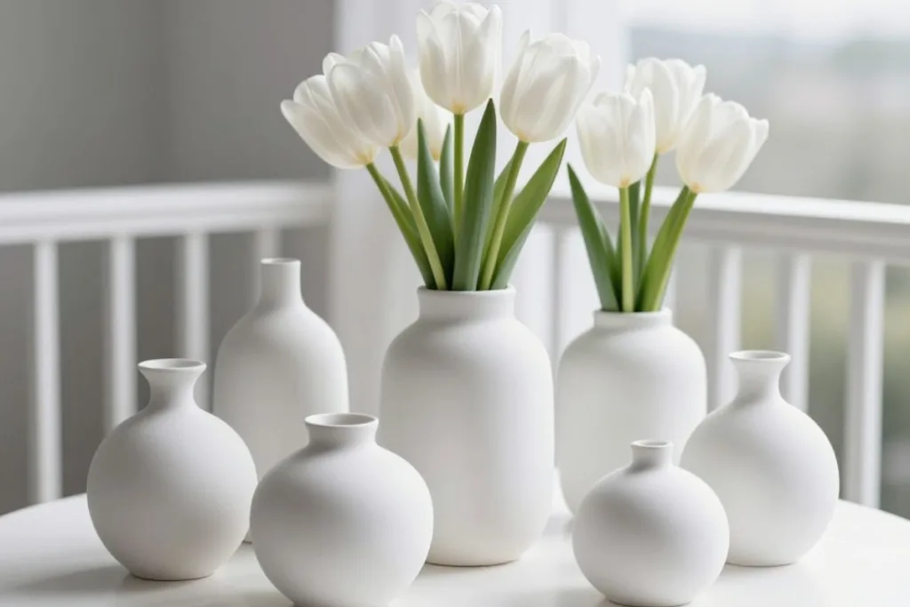 5 Tulpendeko Ideen, die deinen Balkon sichtbar aufwerten Weiße Tulpen in schlichten Vasen als Tulpendeko für den Balkon mit ruhiger, moderner Wirkung
