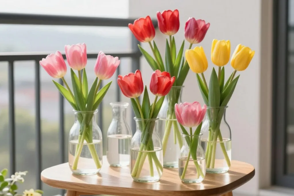 5 Tulpendeko Ideen, die deinen Balkon sichtbar aufwerten Bunte Tulpen in Glasvasen als kreative Tulpendeko für den Balkon mit klaren Farbgruppen