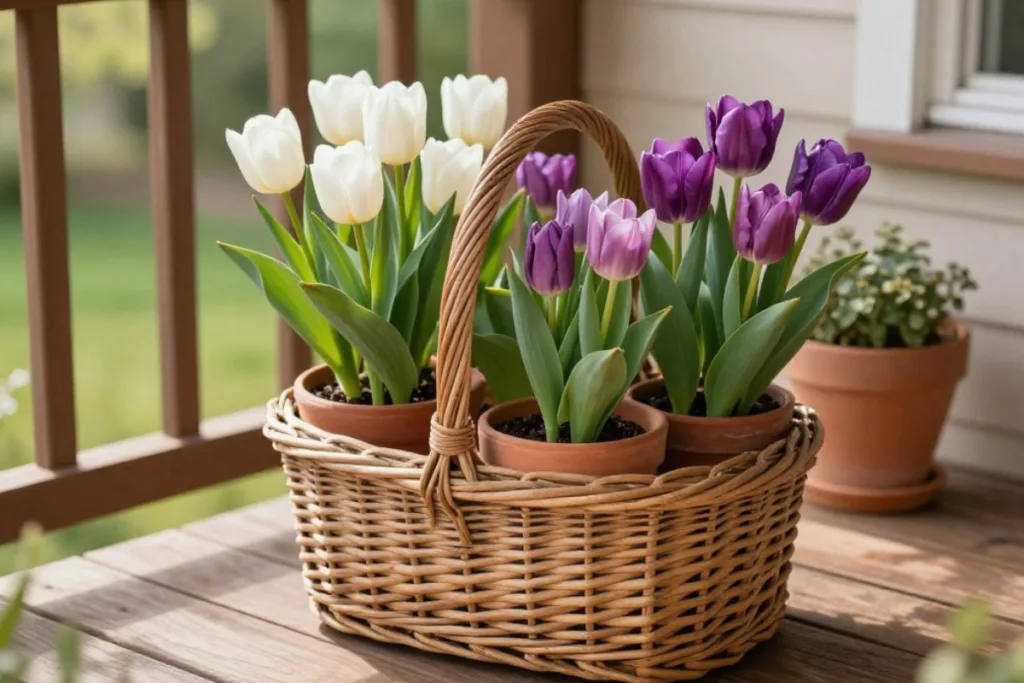 5 Tulpendeko Ideen, die deinen Balkon sichtbar aufwerten Tulpen in Terrakottatöpfen im Korb als natürliche Tulpendeko für den Balkon