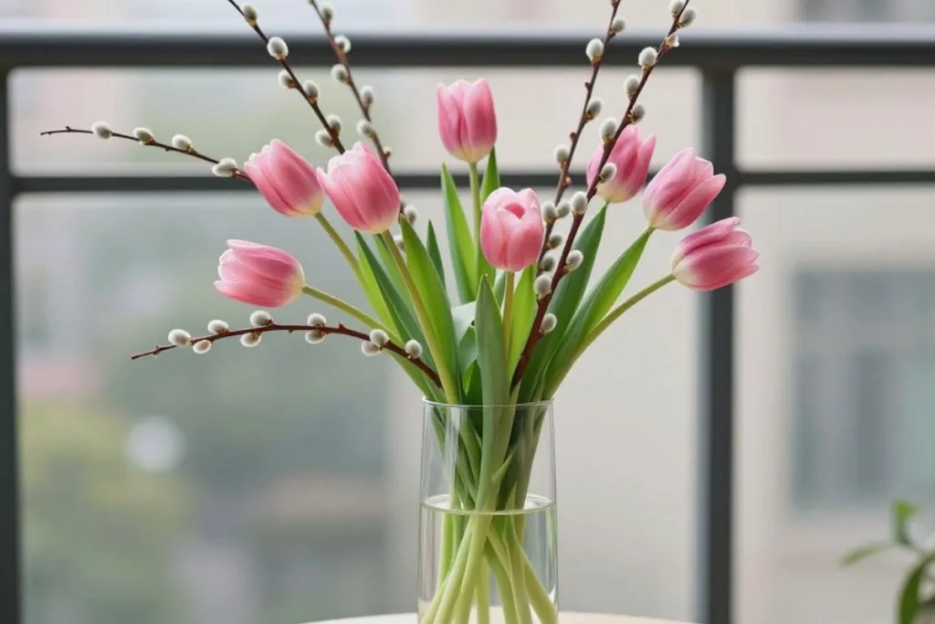 5 Tulpendeko Ideen, die deinen Balkon sichtbar aufwerten Rosa Tulpen mit Zweigen in Glasvase als leichte Tulpendeko für den Balkon