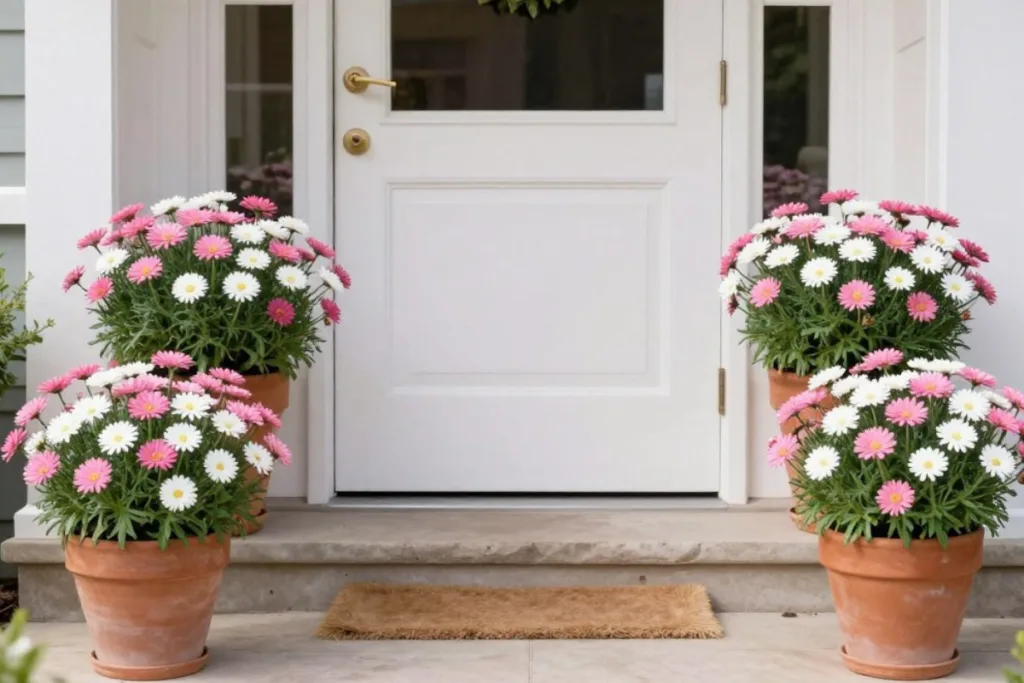 Deko im März für den Hauseingang mit Narzissen und Bellis in Terrakottatöpfen
