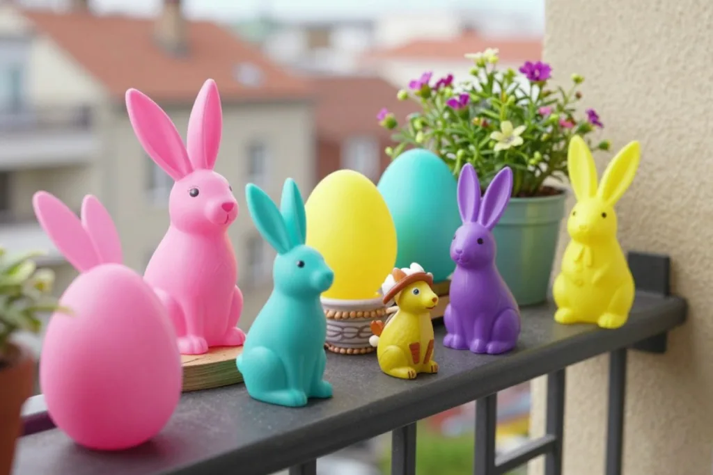 Osterdeko auf dem Balkon: Schön, aber trotzdem alltagstauglich Bunte Osterdeko für den Balkon mit Hasenfiguren und Ostereiern auf schmalem Stadtbalkon im Frühling