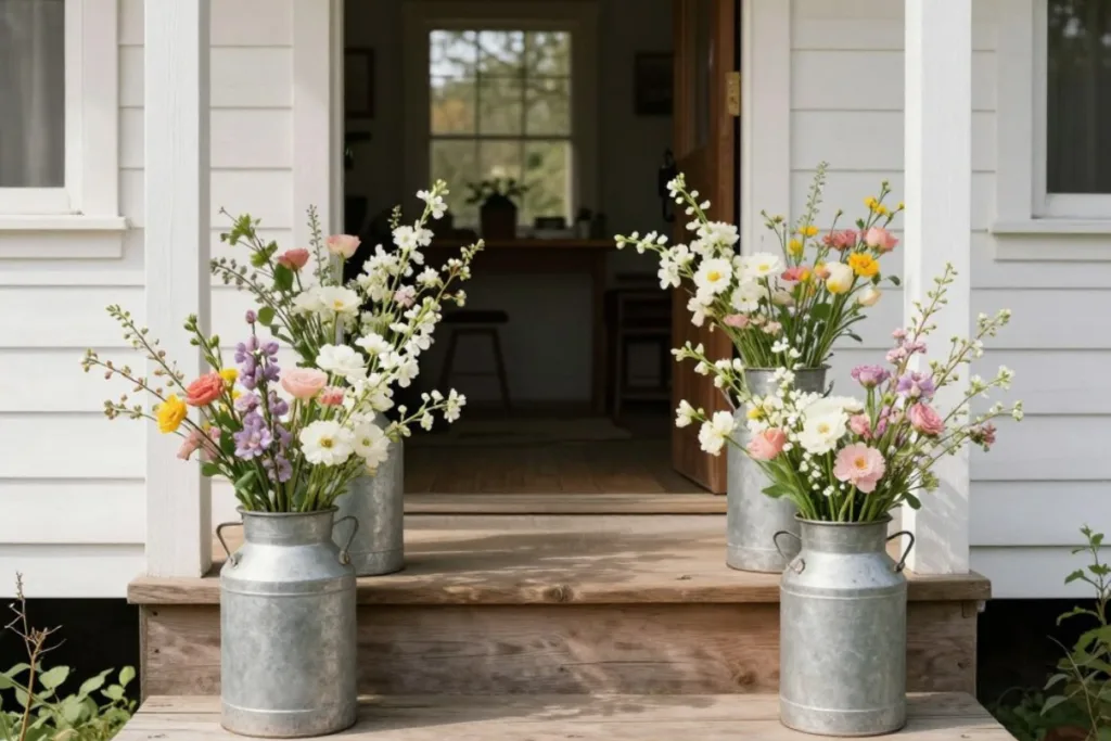 Deko im März für den Hauseingang mit Frühblühern in Zinkgefäßen auf Holzstufen