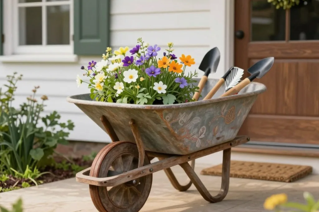 Deko im März für den Hauseingang mit bepflanzter Schubkarre und Frühblühern