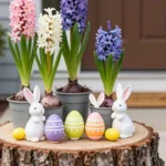 Hyazinthen und Osterhasen auf Baumstumpf – bunte Osterdeko für die Haustür