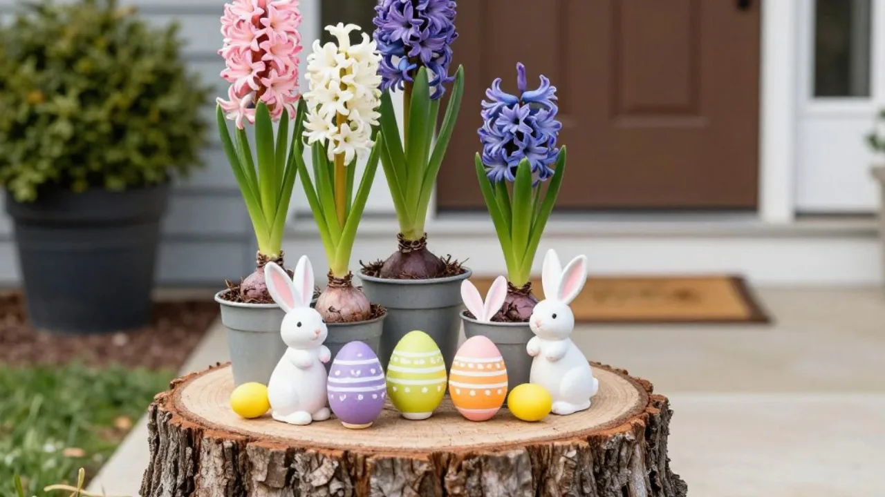 Hyazinthen und Osterhasen auf Baumstumpf – bunte Osterdeko für die Haustür