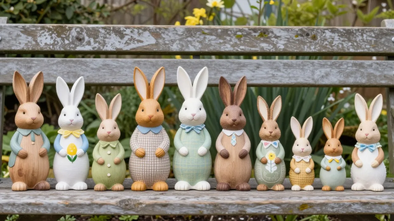Osterdeko für die Gartenbank mit Holzhasen in Naturtönen auf einer Bank im Frühlingsgarten